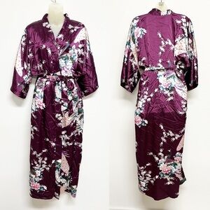 Old Shanghai Womens Dark Purple Peacock Feather Floral Print Belted Kimono Sz OS
